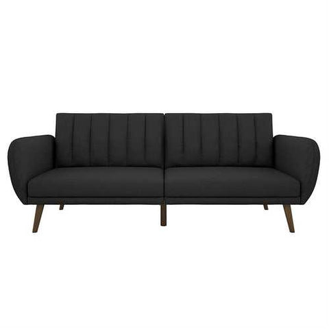 Image of Dark Grey Linen Futon Sofa Bed with Modern Mid-Century Style Wooden Legs