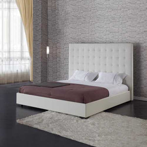 Queen size White Faux Leather Platform Bed with Button-Tufted Headboard