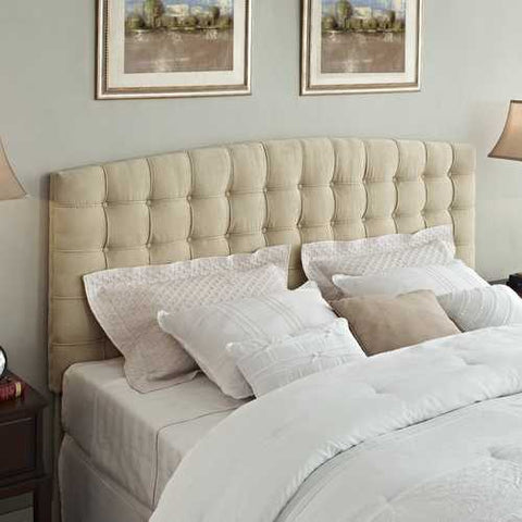 Image of King size Button Tufted Padded Headboard Upholstered in Beige Microfiber