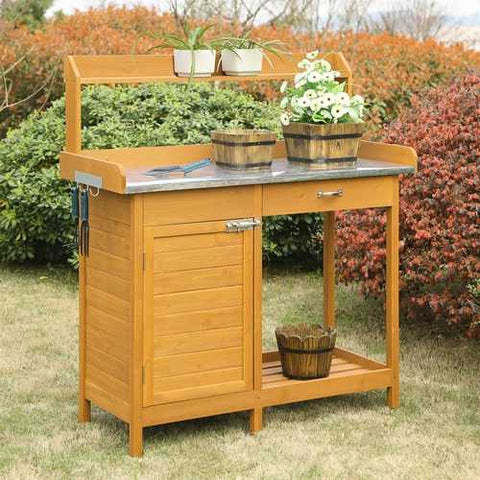 Image of Outdoor Garden Organizer Stainless Steel Top Potting Bench Storage Cabinet