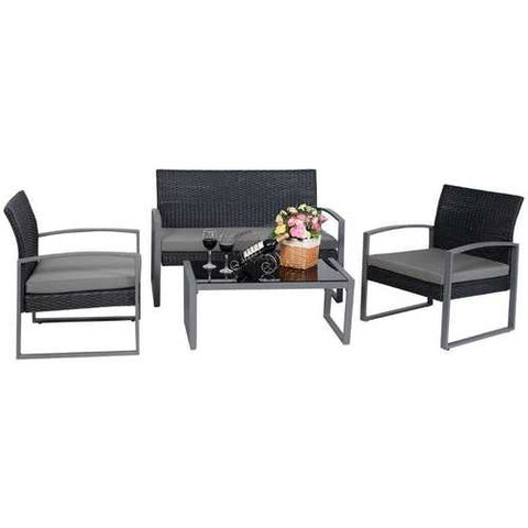 Image of 4 Piece Black / Gray Complete Patio Rattan Set with Matching Table