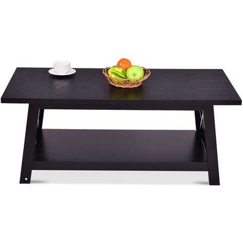 Image of Modern Classic Black Wood Coffee Table with Bottom Shelf