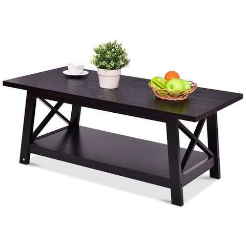 Image of Modern Classic Black Wood Coffee Table with Bottom Shelf