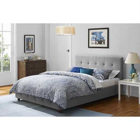 Image of Queen size Grey Linen Upholstered Platform Bed with Button-Tufted Headboard