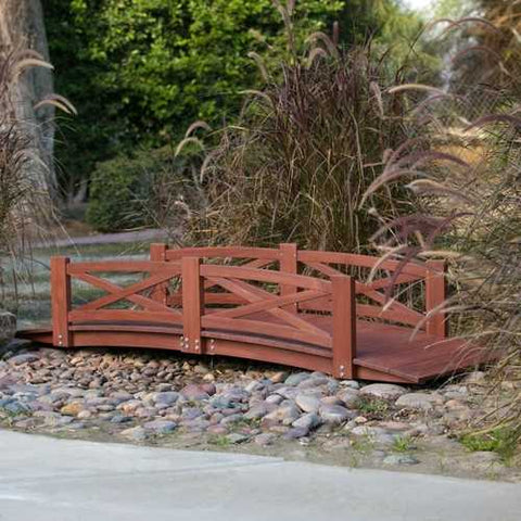 Image of Sturdy 8-Ft Garden Bridge in Red Stained Acacia Wood with X-Design Rails