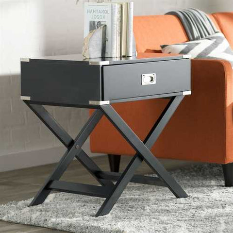 Image of Dark Grey Black 1-Drawer End Table Nightstand with Modern Classic X Style Legs