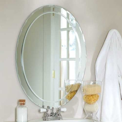 Image of Oval Frameless Bathroom Vanity Wall Mirror with Beveled Edge Scallop Border