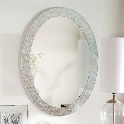 Image of Oval Frame-less Bathroom Vanity Wall Mirror with Elegant Crystal Look Border