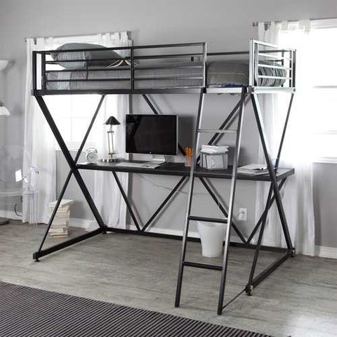 Image of Modern Black Metal Twin size Bunk Bed Loft with Desk and Ladder