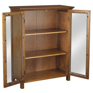 Oak Finish Bathroom Floor Cabinet with 2 Glass Doors & Storage Shelves