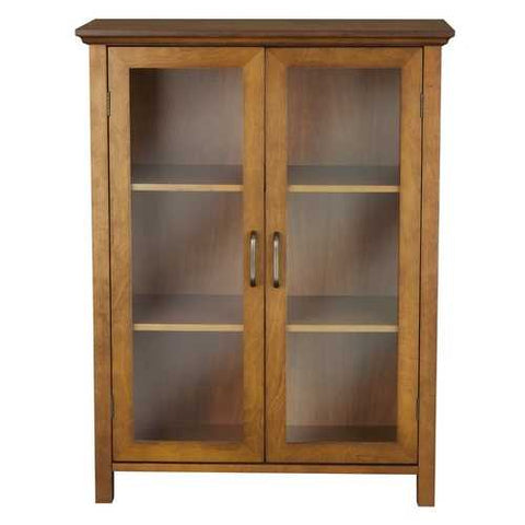 Image of Oak Finish Bathroom Floor Cabinet with 2 Glass Doors & Storage Shelves