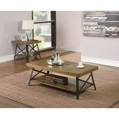 Image of Modern Industrial Style Solid Wood Coffee Table with Steel Legs