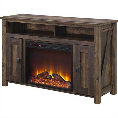 Image of 50-inch TV Stand in Medium Brown Wood with 1,500 Watt Electric Fireplace