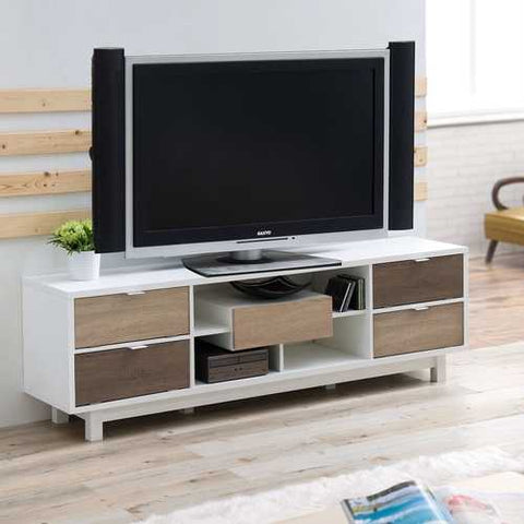 Image of Modern 70-inch White TV Stand Entertainment Center with Natural Wood Accents