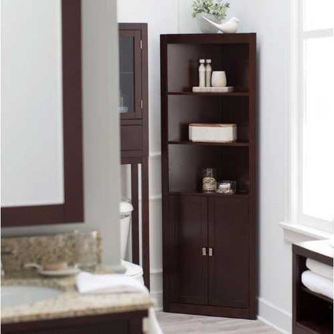 Image of Espresso Corner Bathroom Linen Cabinet with Shelves