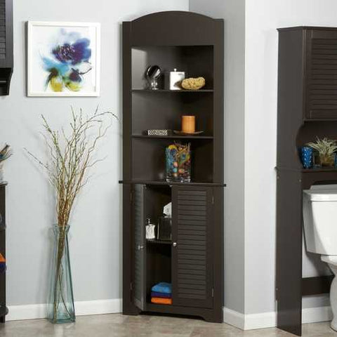 Image of Espresso Bathroom Linen Tower Corner Towel Storage Cabinet with 3 Open Shelves