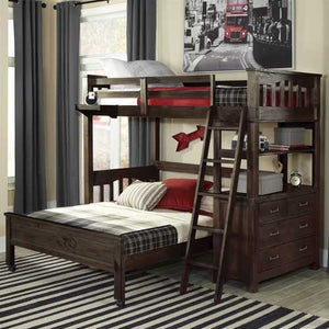 Twin over Full Bunk Bed Loft with 4-Drawer Chest and Ladder in Espresso Wood Finish