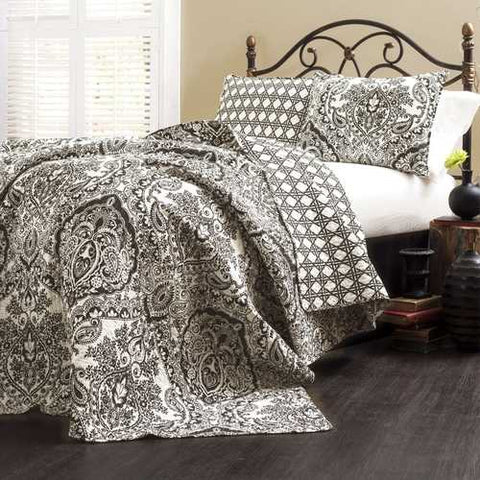 Image of Queen size 3-Piece Quilt Set 100-Percent Cotton in Charcoal Damask