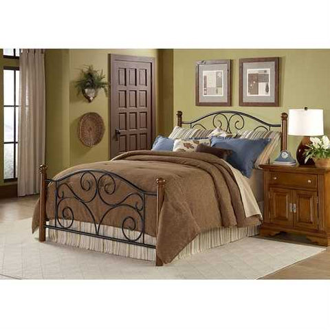 Image of Queen size Black Metal Bed with Wood Post Headboard and Footboard