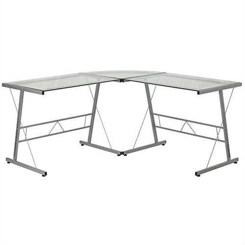 Image of Modern Silver Metal L-Shaped Desk with Glass Top and Floor Glides