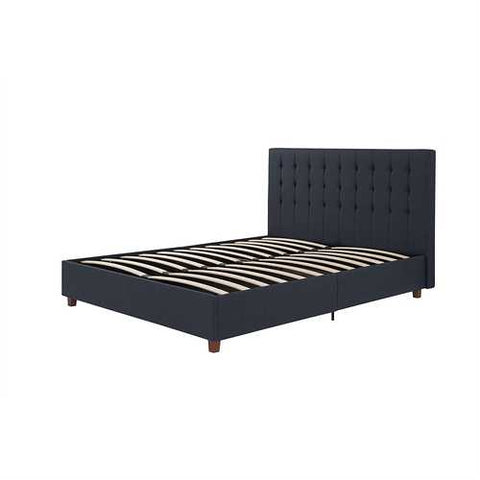 Image of Full Blue Linen Upholstered Platform Bed with Headboard