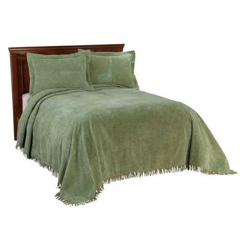 Image of Full size Sage Green Cotton Chenille Bedspread with Fringe Edge