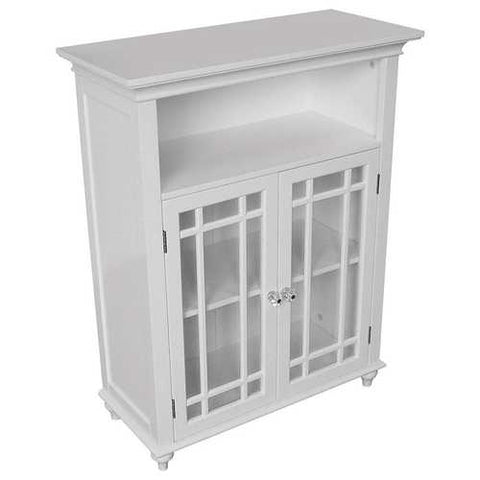 Image of Classic White Wood 2-Door Bathroom Floor Cabinet with Glass Paneled Doors