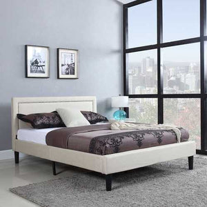 Full size Modern Classic Upholstered Platform Bed with Ivory Linen Padded Headboard