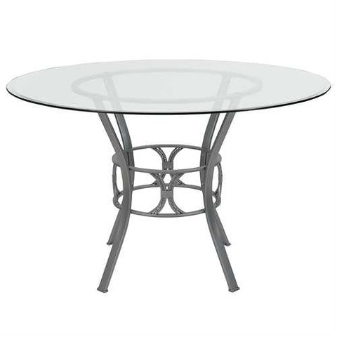 Image of Contemporary 48-inch Round Clear Glass Dining Table with Silver Metal Frame