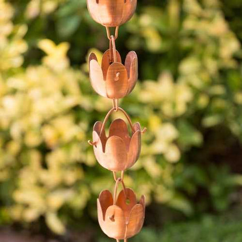 Image of Copper Floral Cups 8.5-Ft Rain Chain Gutter Downspout