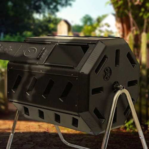 Image of Rotating 37-Gallon 2-Chamber Tumbling Compost Bin Tumbler with Stand