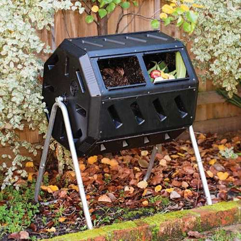 Image of Rotating 37-Gallon 2-Chamber Tumbling Compost Bin Tumbler with Stand