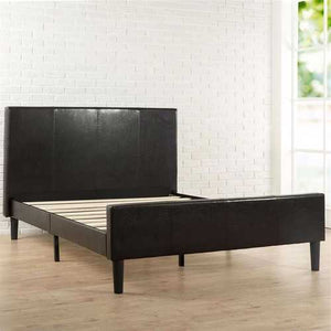 Full size Espresso Brown Faux Leather Platform Bed with Upholstered Headboard and Footboard