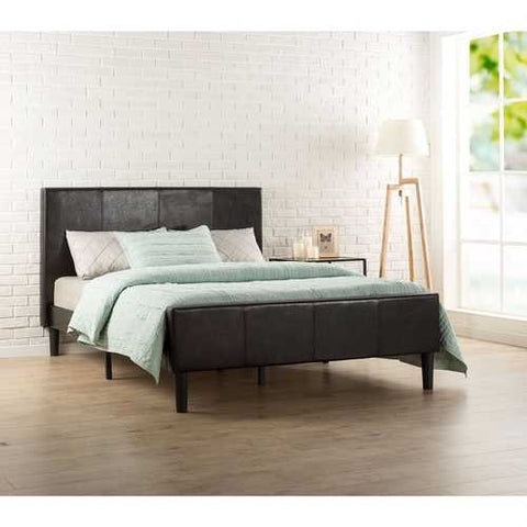 Image of Full size Espresso Brown Faux Leather Platform Bed with Upholstered Headboard and Footboard