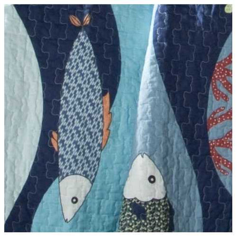 Image of Full / Queen Blue Serenity Sea Fish Coral Coverlet Quilt Bedspread Set