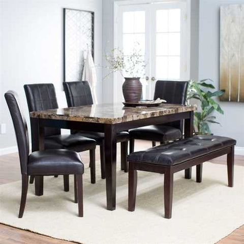 Image of Traditional 6-Piece Dining Set with Faux Marble Top Table 4 Chairs and Bench