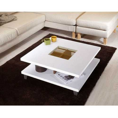 Image of Modern Square Coffee Table in White Wood Finish with Bottom Shelf