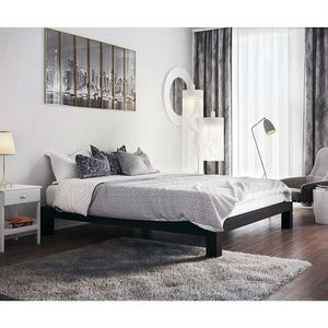 Full Black Metal Platform Bed Frame with Wide Wood Slats