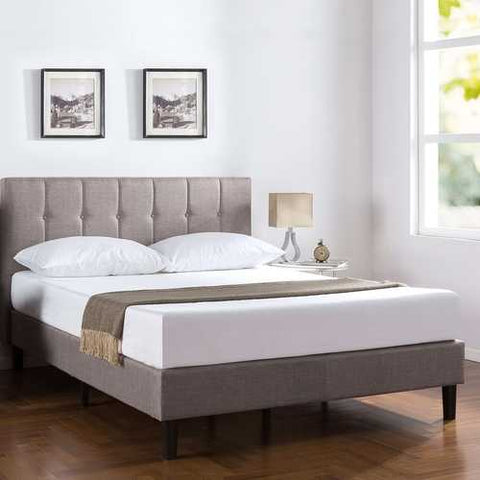 Image of Full Medium Grey Upholstered Platform Bed Frame with Button Tufted Headboard