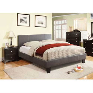 Queen size Platform Bed with Headboard Upholstered in Gray Faux Leather