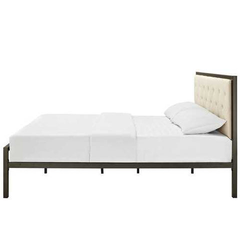 Image of Full size Metal Platform Bed Frame with Beige Button Tufted Fabric Headboard