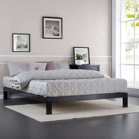 Image of Full size Contemporary Black Metal Platform Bed with Wooden Mattress Support Slats