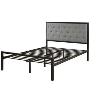 Full size Metal Platform Bed with Grey Upholstered Button Tufted Fabric Headboard