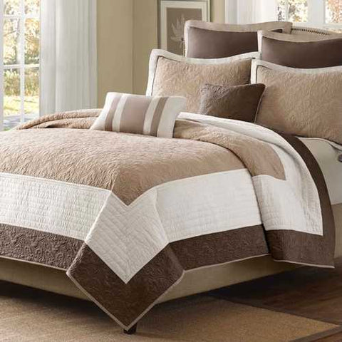 Image of Full / Queen Brown Ivory Tan Cream 7 Piece Quilt Coverlet Bedspread Set