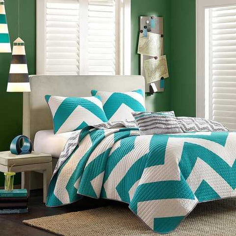 Image of Full Queen size 3-Piece Quilt Set Reversible Chevron Stripe Gray White Teal