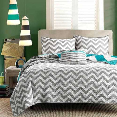 Image of Full Queen size 3-Piece Quilt Set Reversible Chevron Stripe Gray White Teal