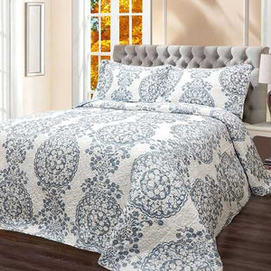 Full / Queen 3-Piece Reversible Cotton Quilt Set with White Blue Floral Medallion Pattern