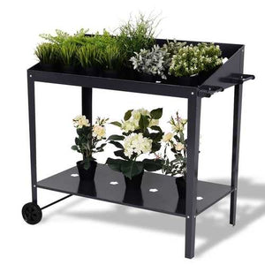 Modern Black Steel Raised Planter Stand Cart with Wheels