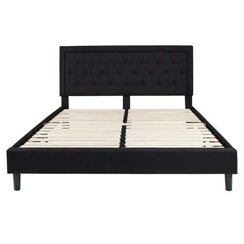 Image of King Black Fabric Upholstered Platform Bed Frame with Button Tufted Headboard