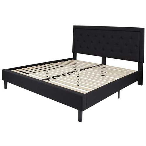 Image of King Black Fabric Upholstered Platform Bed Frame with Button Tufted Headboard